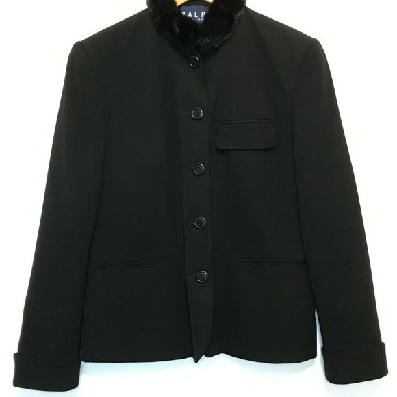 Ralph Lauren Faux Fur Neckline Black Wool Career Button Blazer - Picture 1 of 9